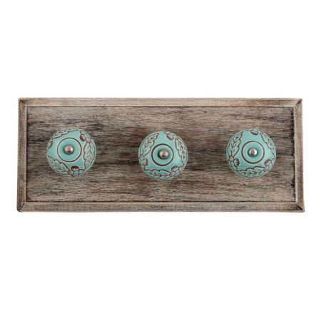 Sea Green Brown Leaf Flower Etched Ceramic Wooden Hooks